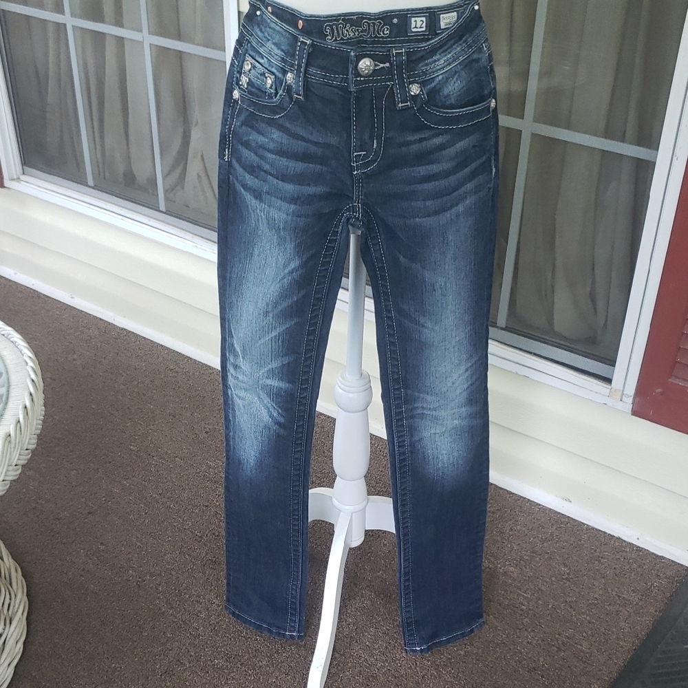 Miss Me Blue Skinny Jeans with Distressed Rhinestones Junior's 12 Denim Pant
